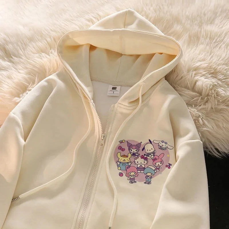 2024 New Sanrio Hello Kitty Jacket 2000s Zip Hoodie White Sweatshirt Young Women Fall Winter Kawaii Lolita Jacket Student Tops