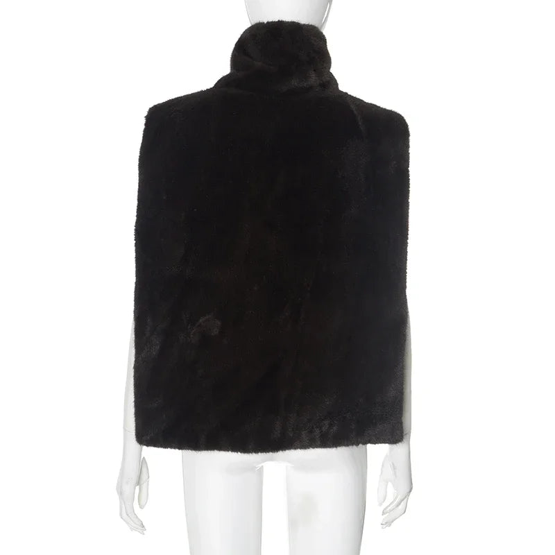 Solid Color Half Turtleneck Furry Sleeveless Top Patchwork Short Section Pullover Top 2024Fall Woman'S Clothing Street