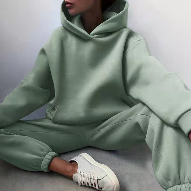 Women's Tracksuit, Autumn Fashion Warm Hoodie Sweatshirts Two Pieces Oversized Solid Casual Hoody Pullovers Long Pant Sets