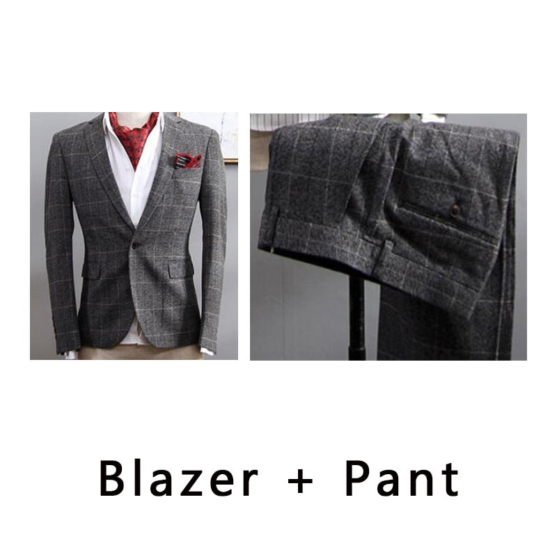 British Style Men's 3 Piece Suit, Plaid Blazer, Business, Formal Dress Suit.