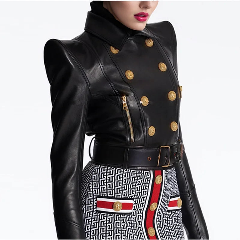 Gold Chain Edge Decoration Grid Faux Leather Jacket Cardigan Coat Blazer Black Mini Skirt Outfit Women Short Jacket