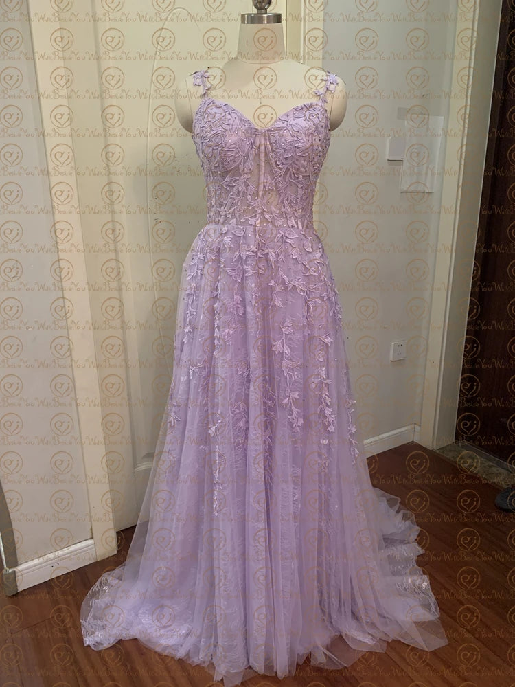 Lilac Evening Dresses 2023 Long Lace Appliques Crystal Mermaid Sweetheart Sweep Train Corset Back Sleeveless Prom Gowns Women