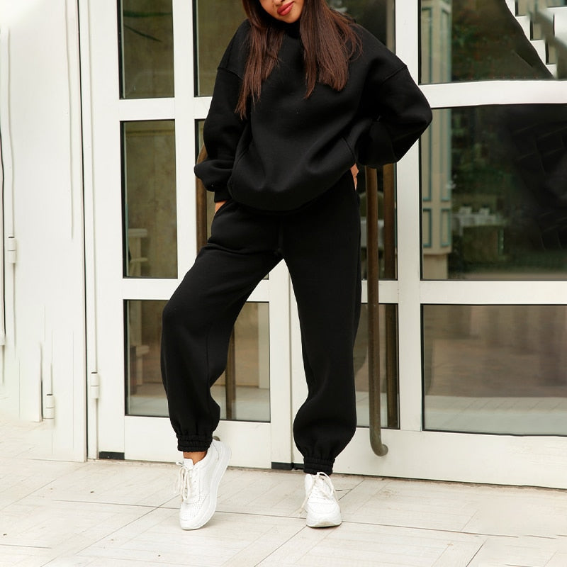 Women's Tracksuit, Autumn Fashion Warm Hoodie Sweatshirts Two Pieces Oversized Solid Casual Hoody Pullovers Long Pant Sets