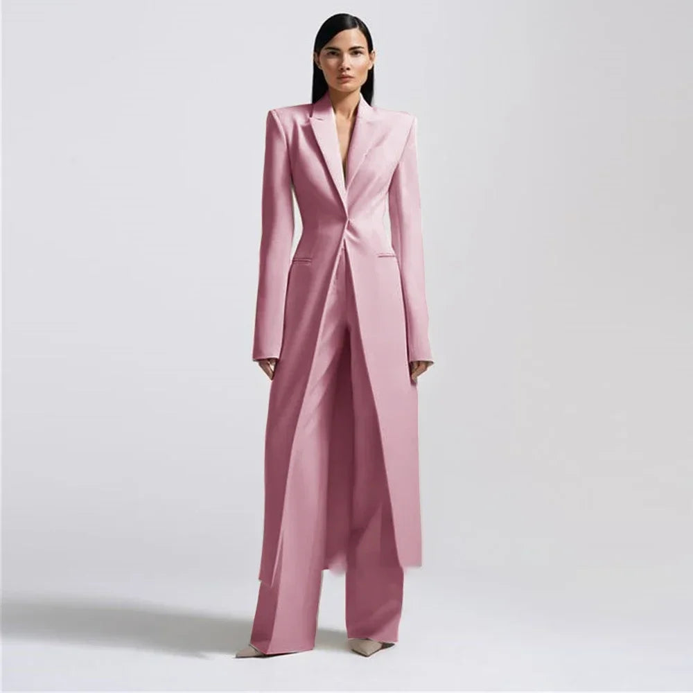 New Arrival Women Pants Sets Fashion Peak Lapel One Button Long Coat Office Lady Formal 2 Piece Solid Color Custom Suit Slim Fit