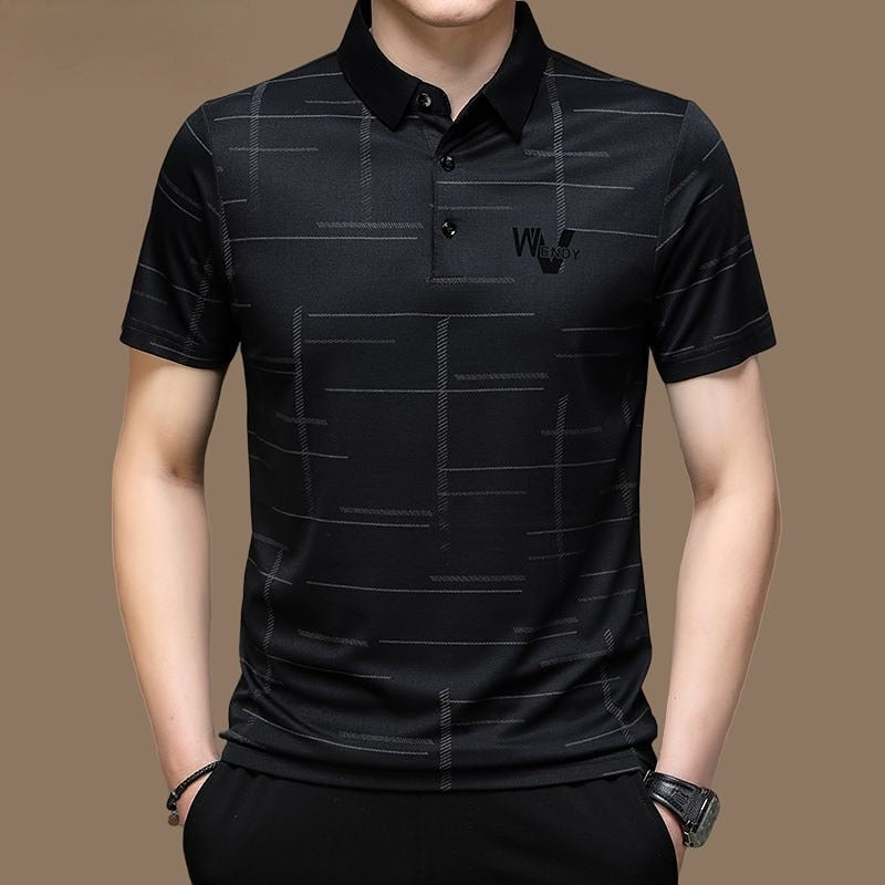 New Summer T Shirts for Men 2023 Short Sleeve Turn-down Collar Letter Printing Button Striped Polo Tees Fashion Pullover Tops