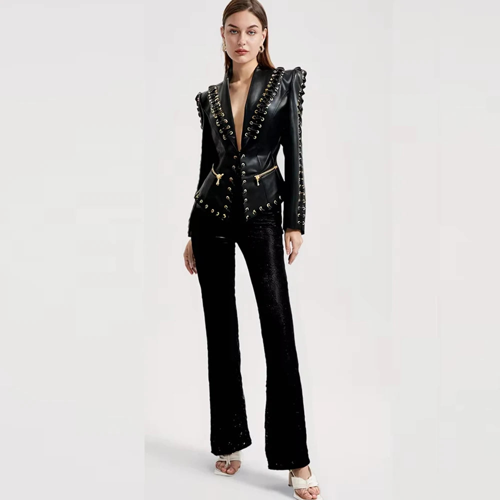 Gold Chain Edge Decoration Grid Faux Leather Jacket Cardigan Coat Blazer Black Mini Skirt Outfit Women Short Jacket