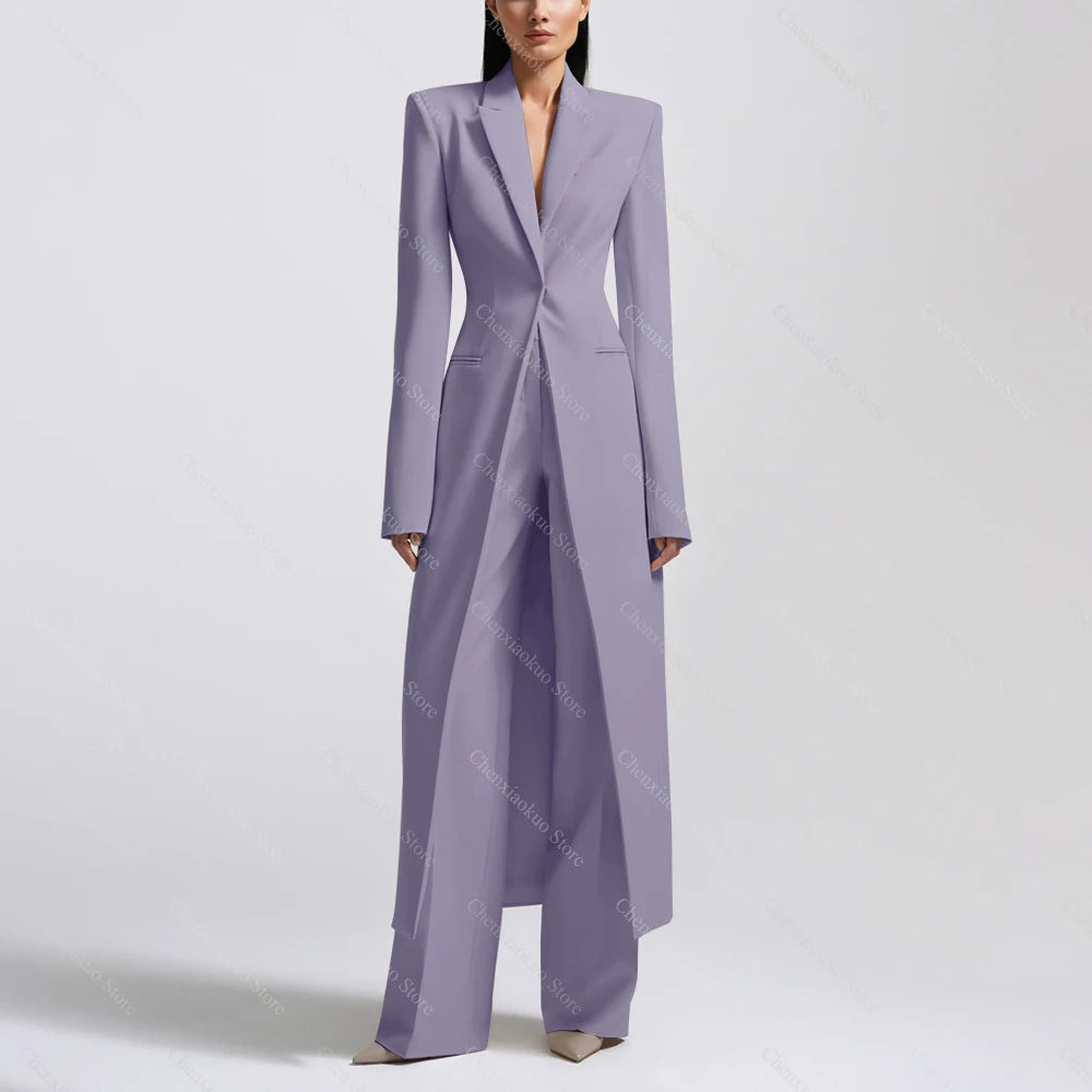 New Arrival Women Pants Sets Fashion Peak Lapel One Button Long Coat Office Lady Formal 2 Piece Solid Color Custom Suit Slim Fit