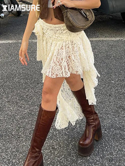 IAMSURE Casual Solid Lace Asymmetrical Skirt Basic Slim Mid-Waisted Mini Skirts Women 2023 Summer Fashion Streetwear Ladies