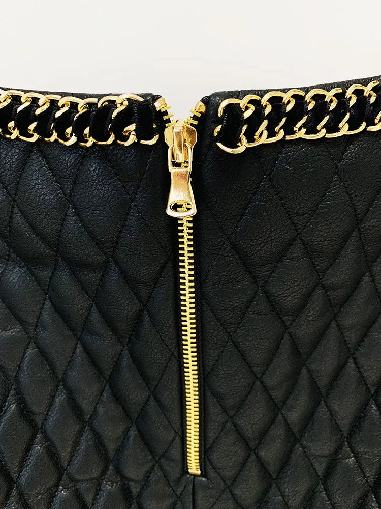 Gold Chain Edge Decoration Grid Faux Leather Jacket Cardigan Coat Blazer Black Mini Skirt Outfit Women Short Jacket