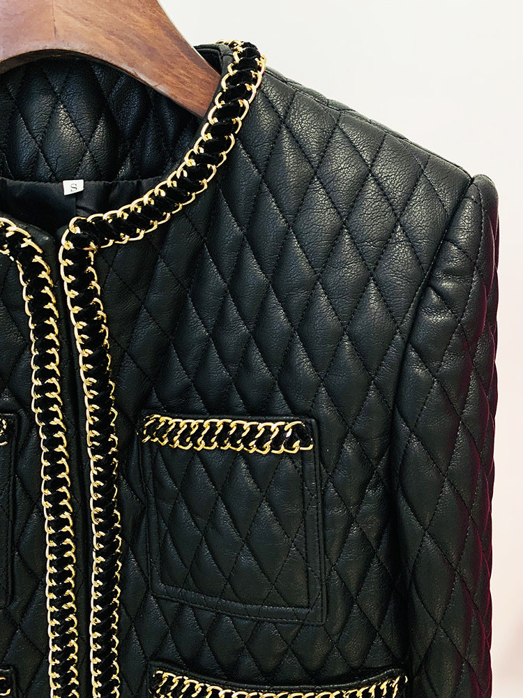 Gold Chain Edge Decoration Grid Faux Leather Jacket Cardigan Coat Blazer Black Mini Skirt Outfit Women Short Jacket