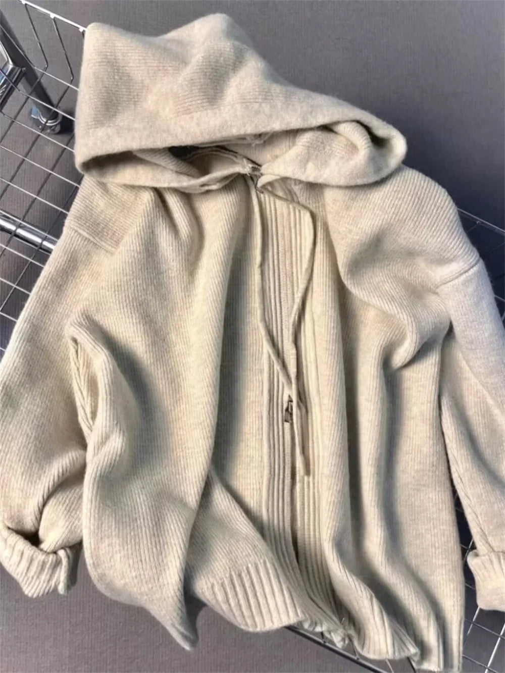 Korean Gray Hood Sweater Outerwear Women Loose Spring Autumn and Winter Outdoor Thickened Knitted Double Zipper Hoodie Coats