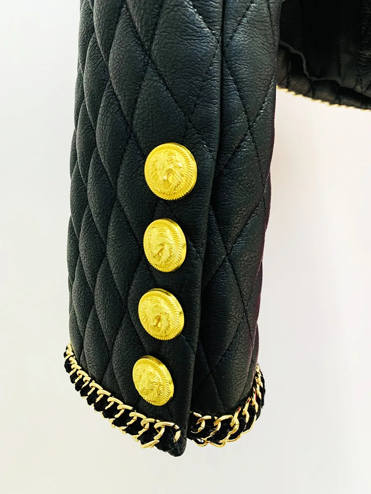 Gold Chain Edge Decoration Grid Faux Leather Jacket Cardigan Coat Blazer Black Mini Skirt Outfit Women Short Jacket