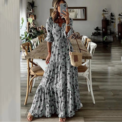 Women's Clothing Temperament Vacation Sexy V-neck Fashionable Printed Lace Up Seven Quarter Sleeve Large Swing Long Dress