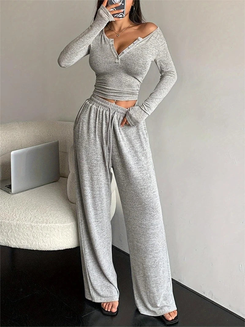 Trendy Solid Lounge Set Long-Sleeve Buttons Decor Top And Long Pants Cozy Fit Women's Homewear Casual Wear Can Be Worn Outdoor