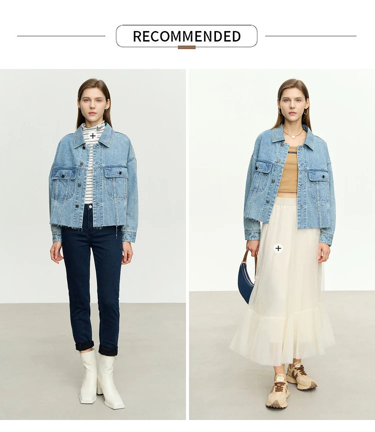 AMII Minimalism Streetwear Women Denim Coat 2023 Autumn Short Top New Loose Turn-down Collar Retro Female Clothing 12323079