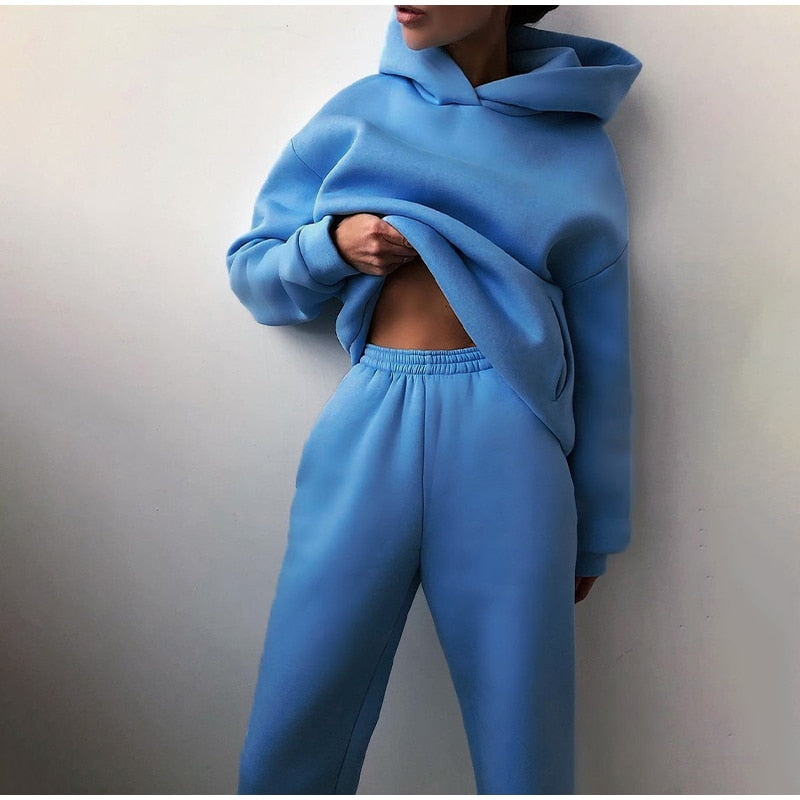 Women's Tracksuit, Autumn Fashion Warm Hoodie Sweatshirts Two Pieces Oversized Solid Casual Hoody Pullovers Long Pant Sets