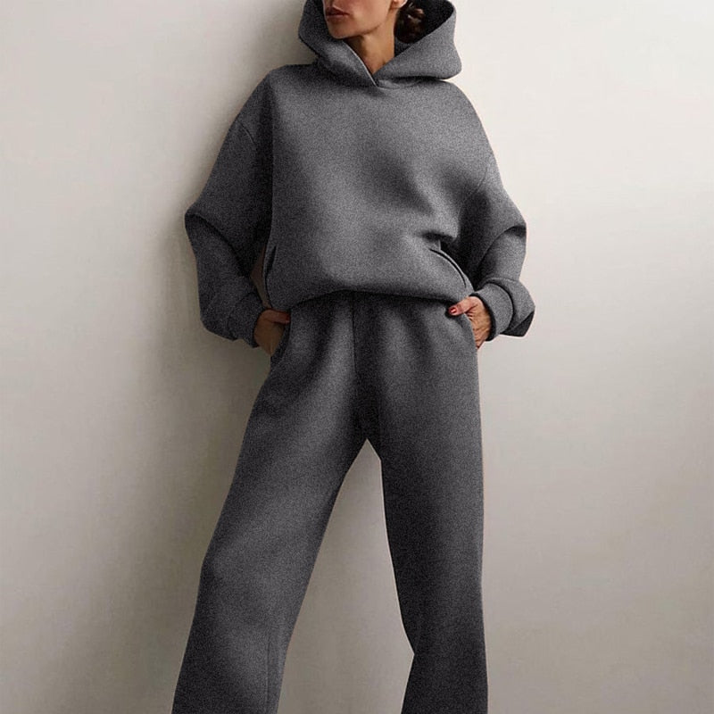 Women's Tracksuit, Autumn Fashion Warm Hoodie Sweatshirts Two Pieces Oversized Solid Casual Hoody Pullovers Long Pant Sets