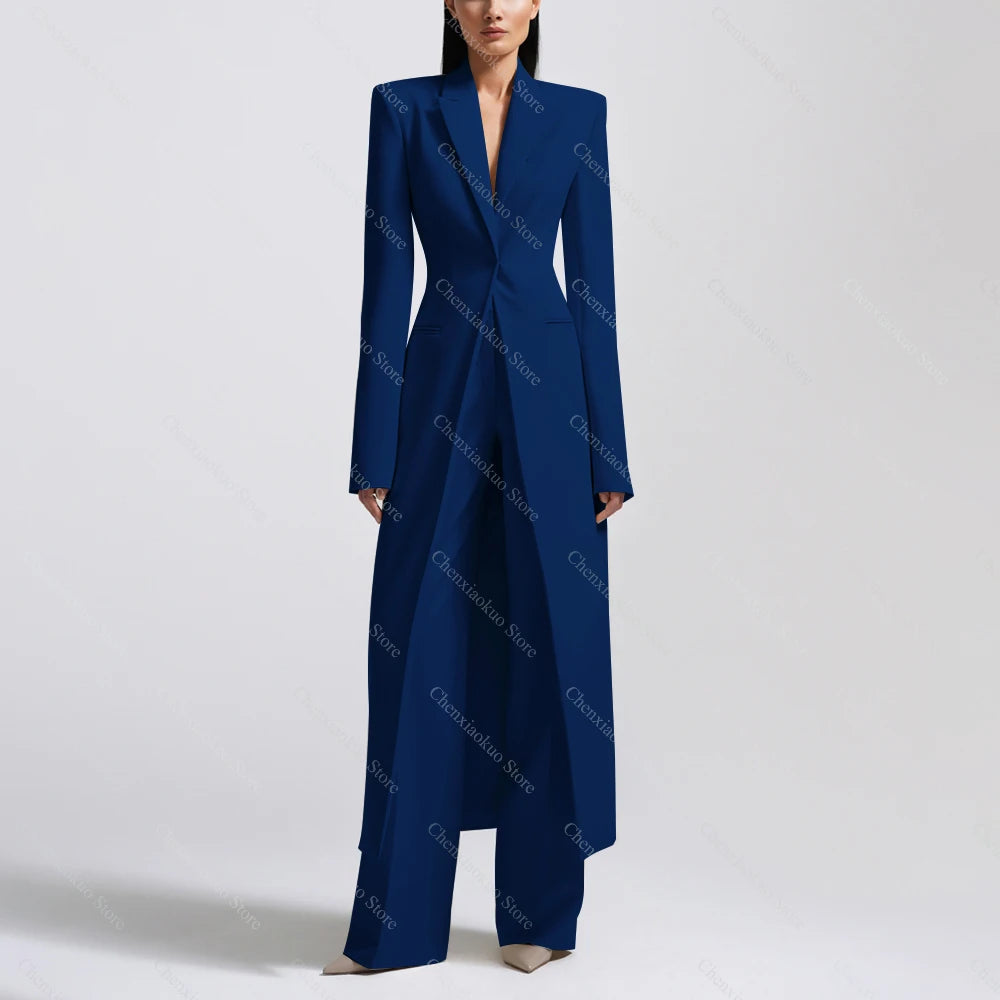New Arrival Women Pants Sets Fashion Peak Lapel One Button Long Coat Office Lady Formal 2 Piece Solid Color Custom Suit Slim Fit