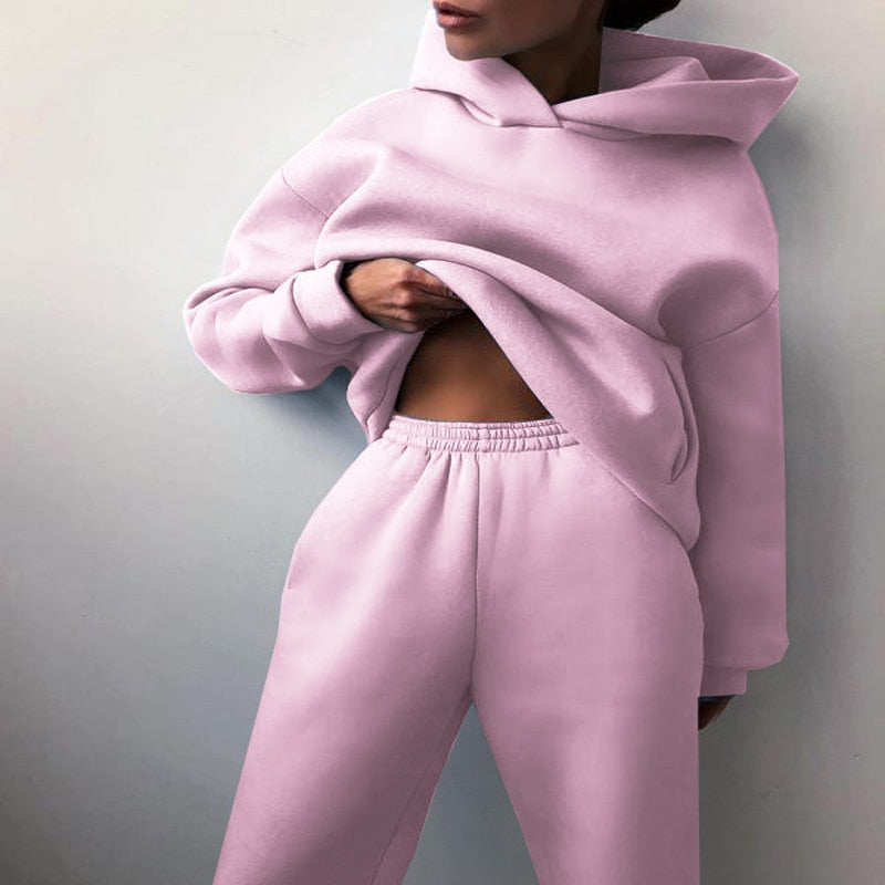 Women's Tracksuit, Autumn Fashion Warm Hoodie Sweatshirts Two Pieces Oversized Solid Casual Hoody Pullovers Long Pant Sets