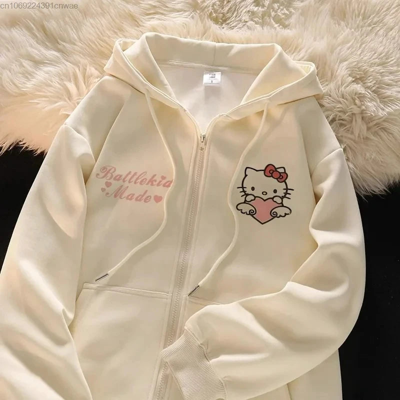 2024 New Sanrio Hello Kitty Jacket 2000s Zip Hoodie White Sweatshirt Young Women Fall Winter Kawaii Lolita Jacket Student Tops