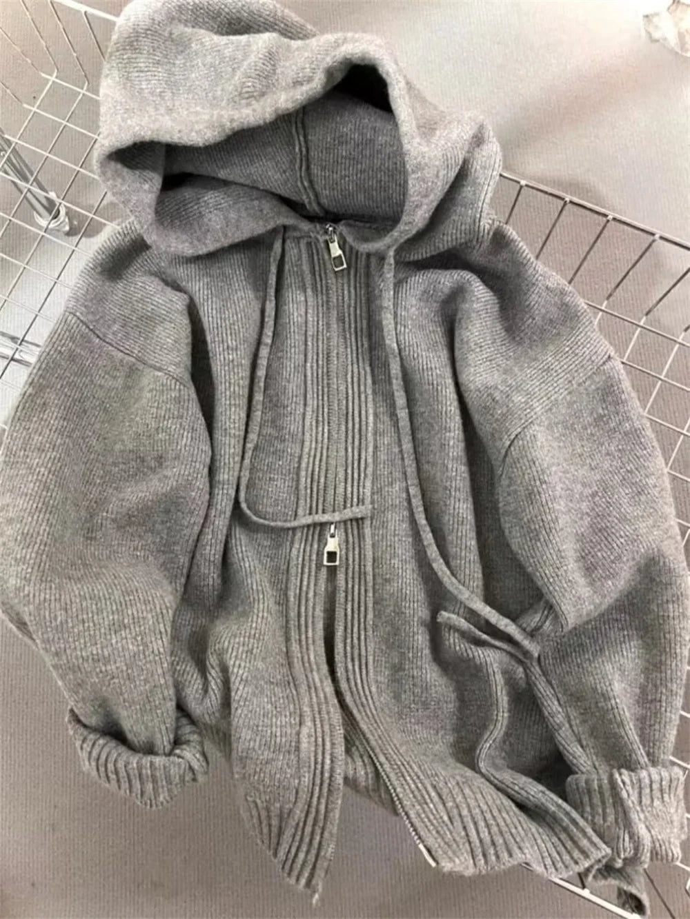 Korean Gray Hood Sweater Outerwear Women Loose Spring Autumn and Winter Outdoor Thickened Knitted Double Zipper Hoodie Coats