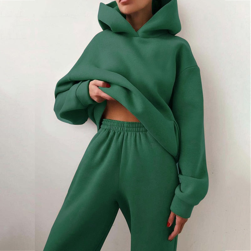 Women's Tracksuit, Autumn Fashion Warm Hoodie Sweatshirts Two Pieces Oversized Solid Casual Hoody Pullovers Long Pant Sets