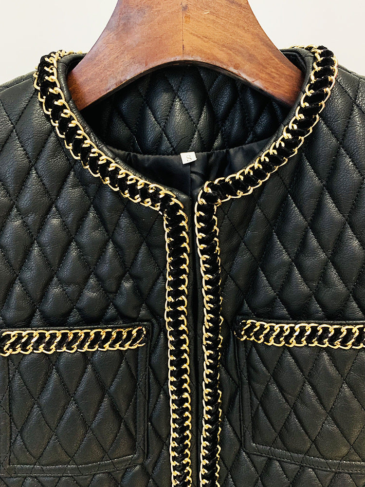 Gold Chain Edge Decoration Grid Faux Leather Jacket Cardigan Coat Blazer Black Mini Skirt Outfit Women Short Jacket