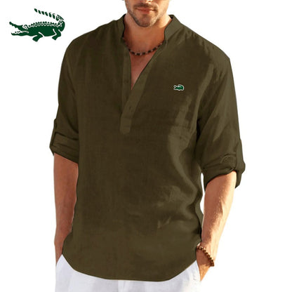 High quality Men's spring/summer new long sleeved cotton linen shirt.