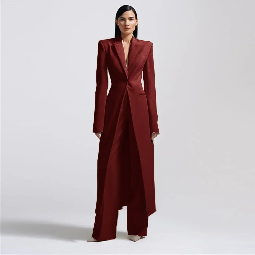 New Arrival Women Pants Sets Fashion Peak Lapel One Button Long Coat Office Lady Formal 2 Piece Solid Color Custom Suit Slim Fit
