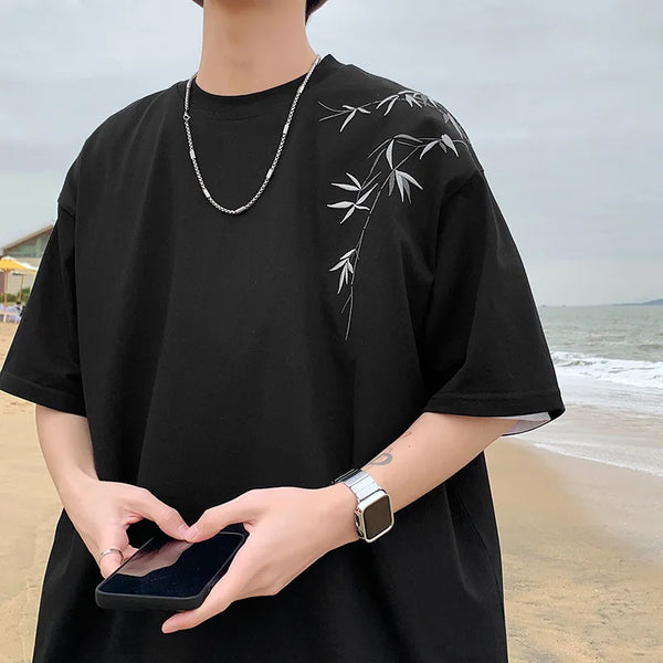 Bamboo Embroidered T Shirt Men Harajuku Streetwear Summer Men's Short Sleeve Tee Black White Loose Casual Men's Clothing