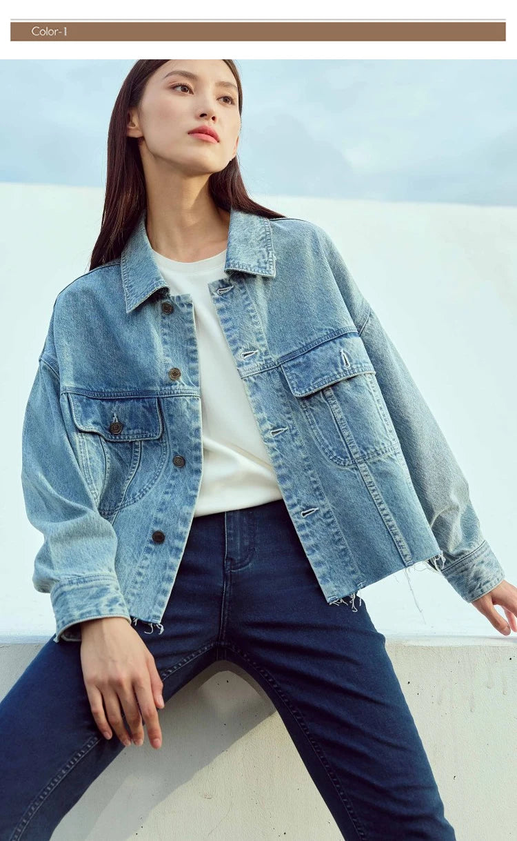 AMII Minimalism Streetwear Women Denim Coat 2023 Autumn Short Top New Loose Turn-down Collar Retro Female Clothing 12323079