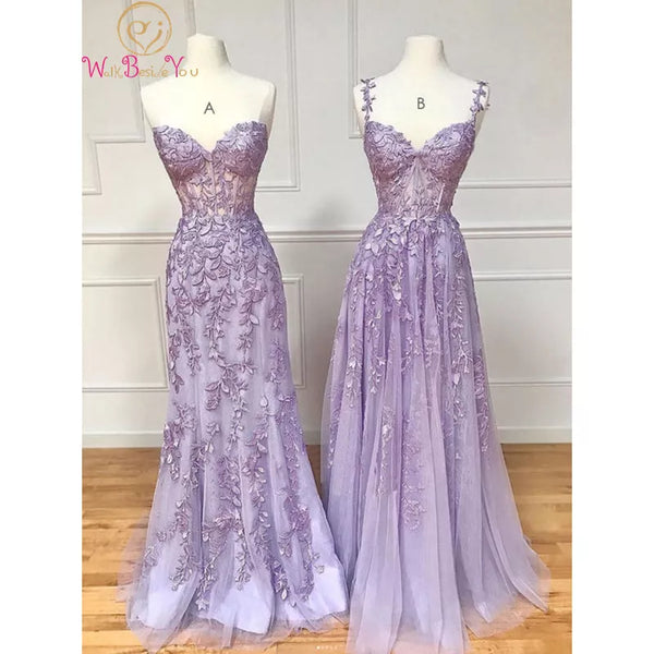 Lilac Evening Dresses 2023 Long Lace Appliques Crystal Mermaid Sweetheart Sweep Train Corset Back Sleeveless Prom Gowns Women