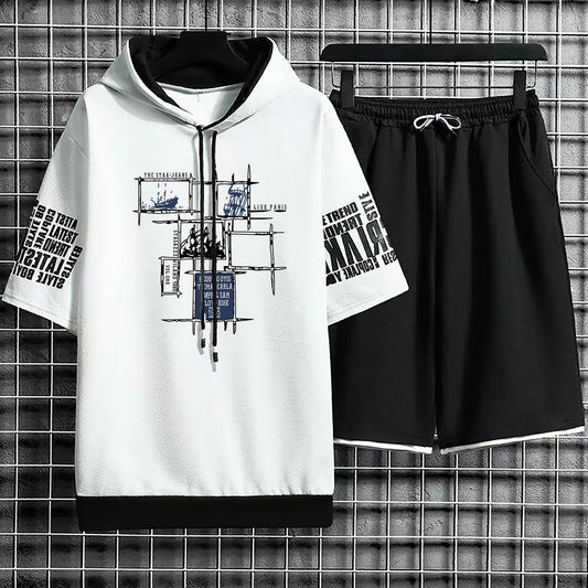 Hoodies Set Shorts Pullover Hat Summer Suits Casual T Shirt Clothing for Men T-shirt Hood Print Hoodie Men New Top Short Sleeve