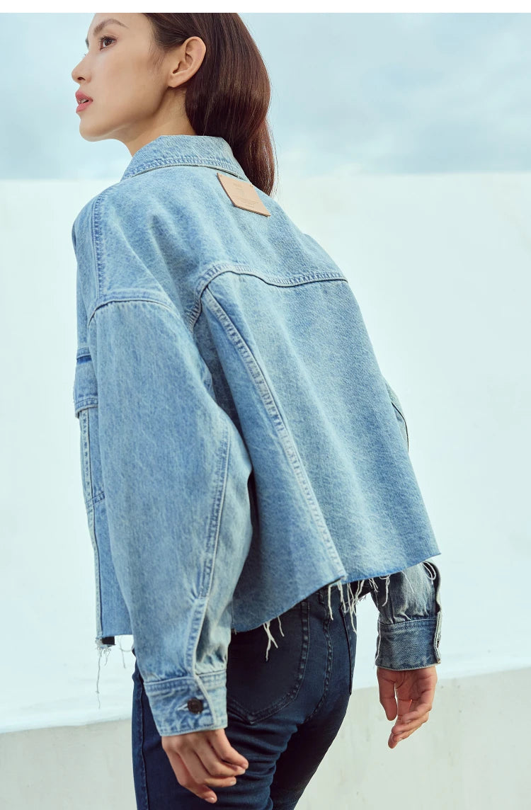 AMII Minimalism Streetwear Women Denim Coat 2023 Autumn Short Top New Loose Turn-down Collar Retro Female Clothing 12323079