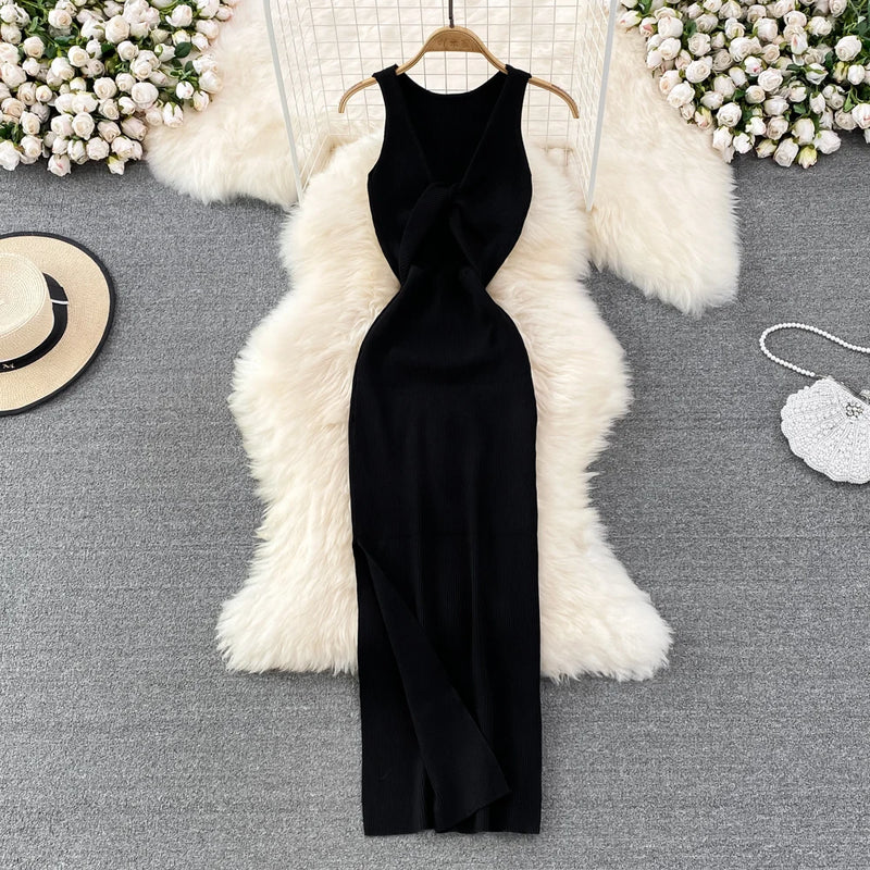 YuooMuoo Women Dress Sexy Wrap Hips Two Sides Available Split One-Piece Long Dress Fashion Knot Knitted Bodycon Party Robe Femme