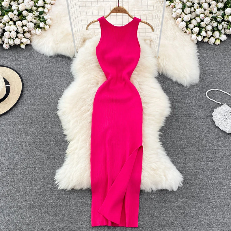 YuooMuoo Women Dress Sexy Wrap Hips Two Sides Available Split One-Piece Long Dress Fashion Knot Knitted Bodycon Party Robe Femme