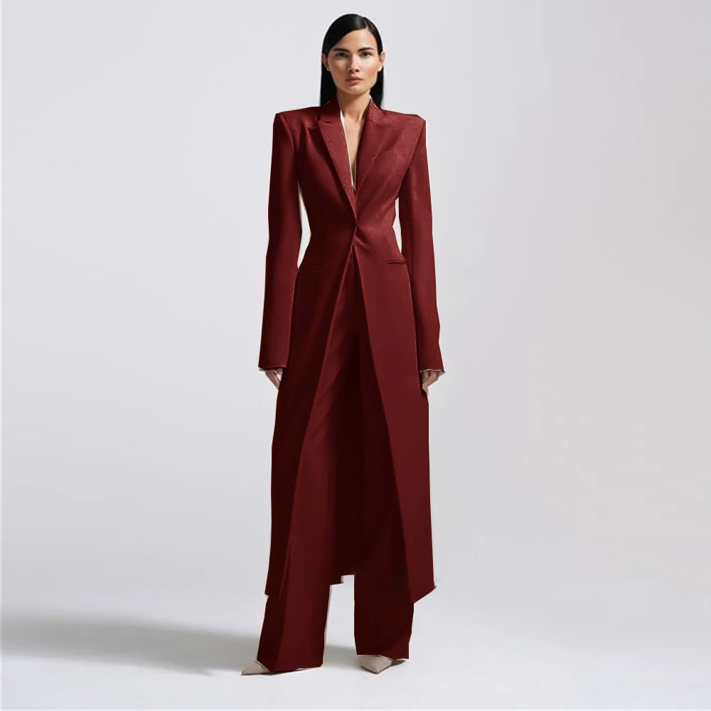New Arrival Women Pants Sets Fashion Peak Lapel One Button Long Coat Office Lady Formal 2 Piece Solid Color Custom Suit Slim Fit