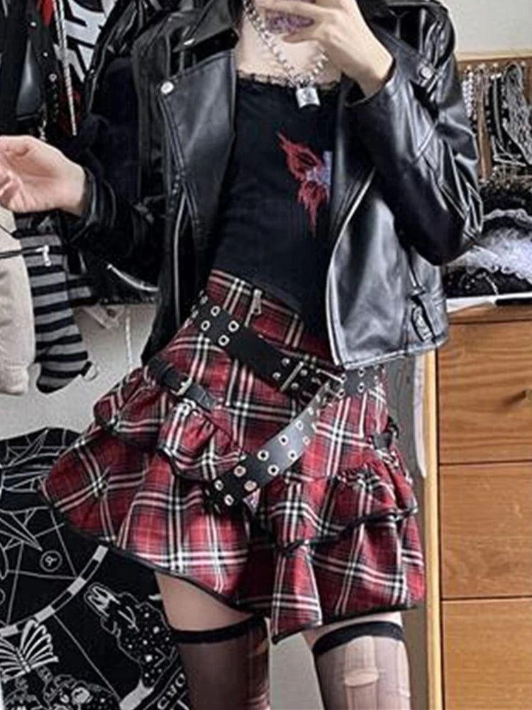 AltGoth Punk Gothic Red Plaid Skirt Women Vintage Y2k E-girl Emo Alt High Waist Cake Skirt Harajuku Fairycore Grunge Clubwear