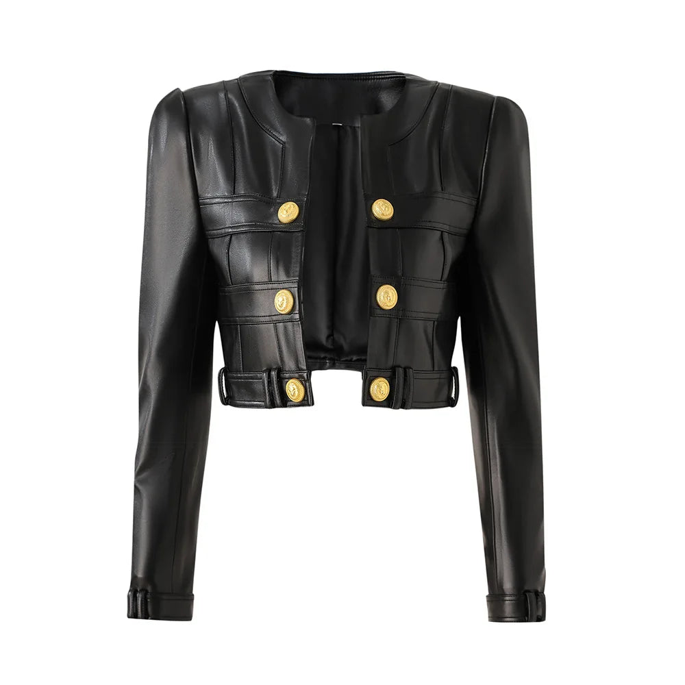 Gold Chain Edge Decoration Grid Faux Leather Jacket Cardigan Coat Blazer Black Mini Skirt Outfit Women Short Jacket