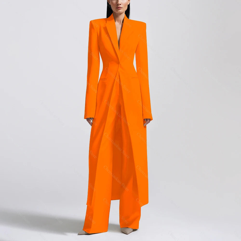 New Arrival Women Pants Sets Fashion Peak Lapel One Button Long Coat Office Lady Formal 2 Piece Solid Color Custom Suit Slim Fit