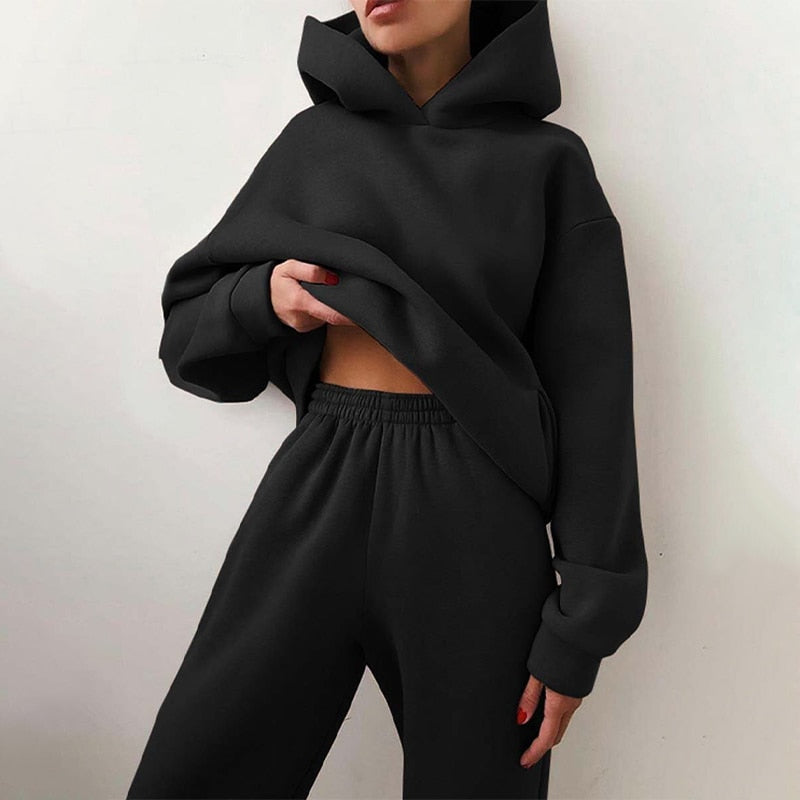 Women's Tracksuit, Autumn Fashion Warm Hoodie Sweatshirts Two Pieces Oversized Solid Casual Hoody Pullovers Long Pant Sets