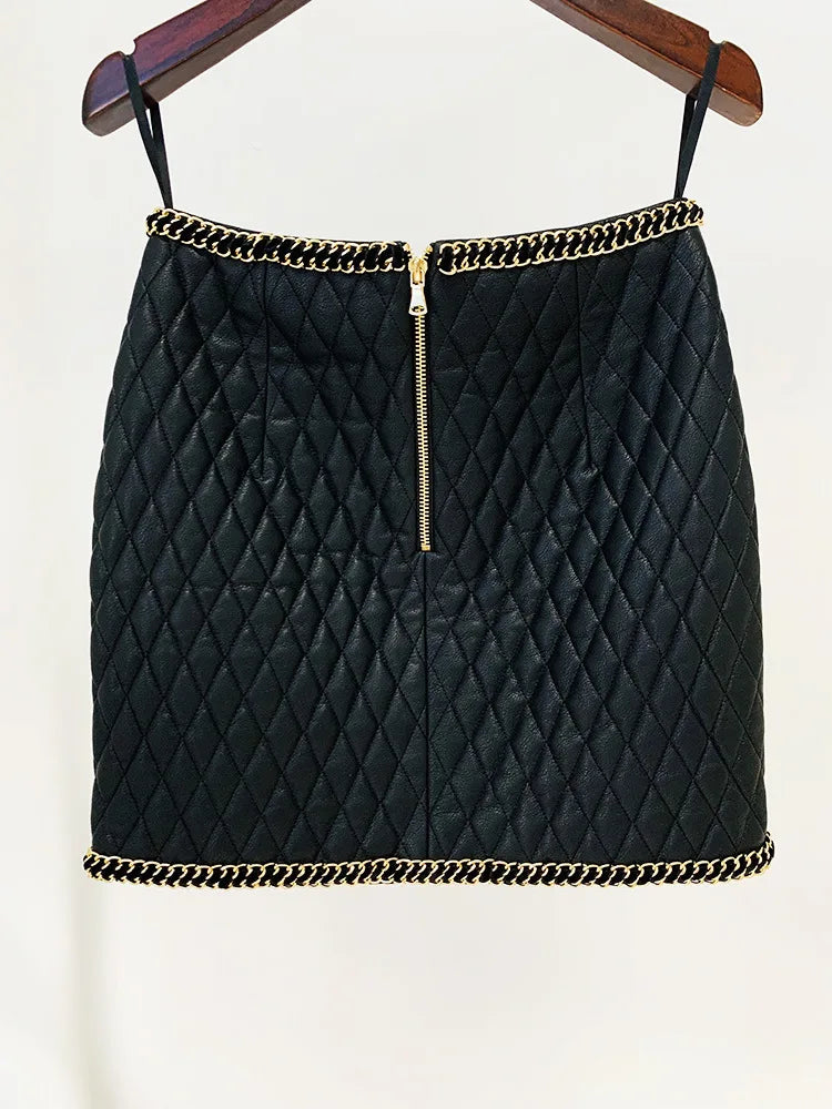 Gold Chain Edge Decoration Grid Faux Leather Jacket Cardigan Coat Blazer Black Mini Skirt Outfit Women Short Jacket
