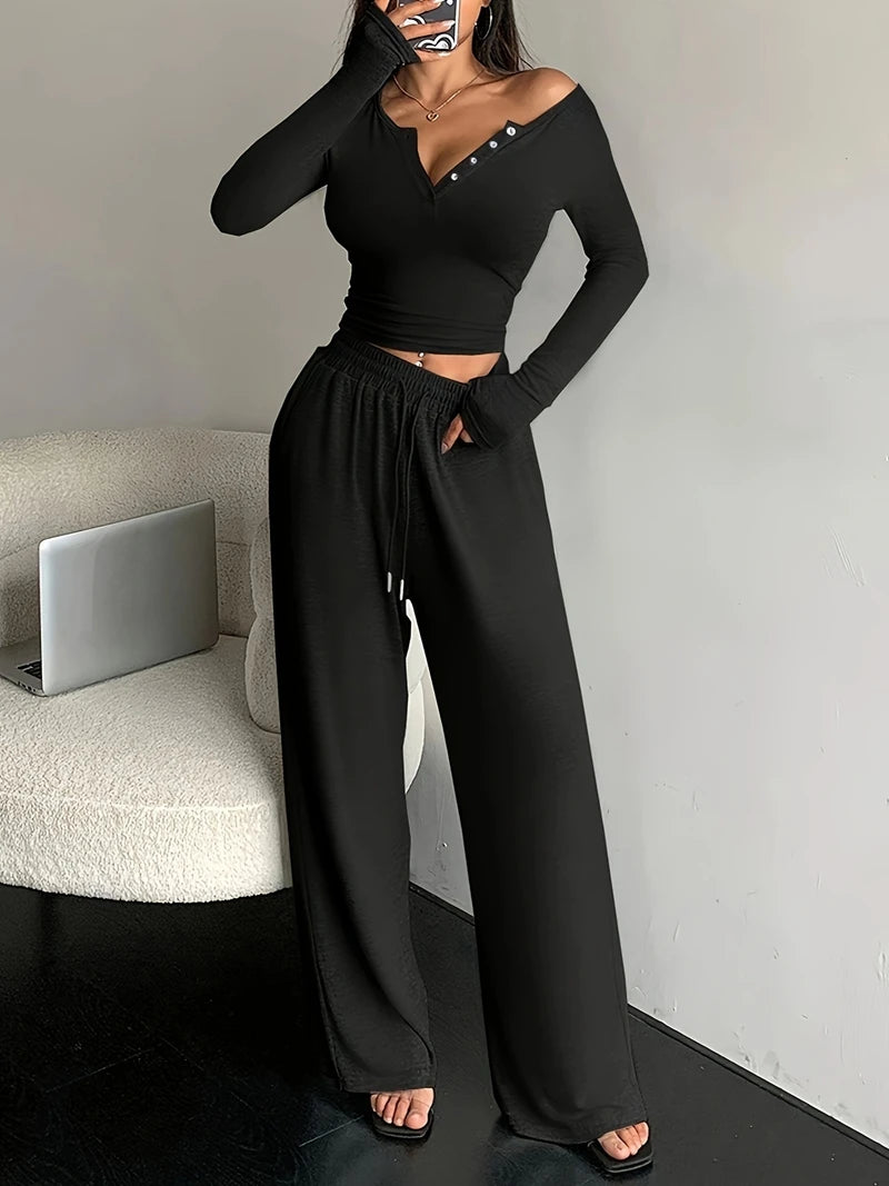 Trendy Solid Lounge Set Long-Sleeve Buttons Decor Top And Long Pants Cozy Fit Women's Homewear Casual Wear Can Be Worn Outdoor