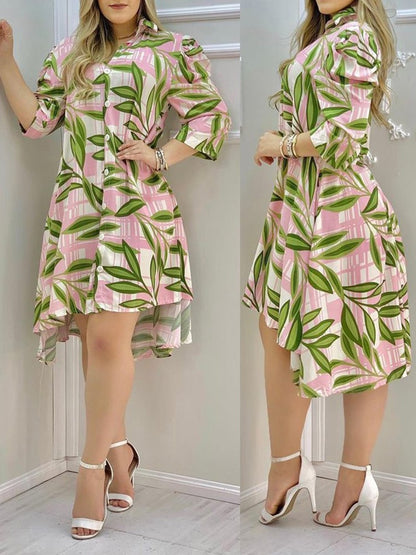 Floral Print Button Design Shirt Dress Women Long Sleeve Casual Daily Midi Work Dress