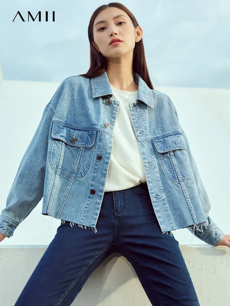 AMII Minimalism Streetwear Women Denim Coat 2023 Autumn Short Top New Loose Turn-down Collar Retro Female Clothing 12323079