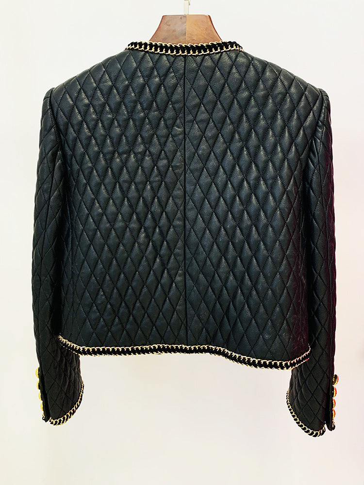 Gold Chain Edge Decoration Grid Faux Leather Jacket Cardigan Coat Blazer Black Mini Skirt Outfit Women Short Jacket