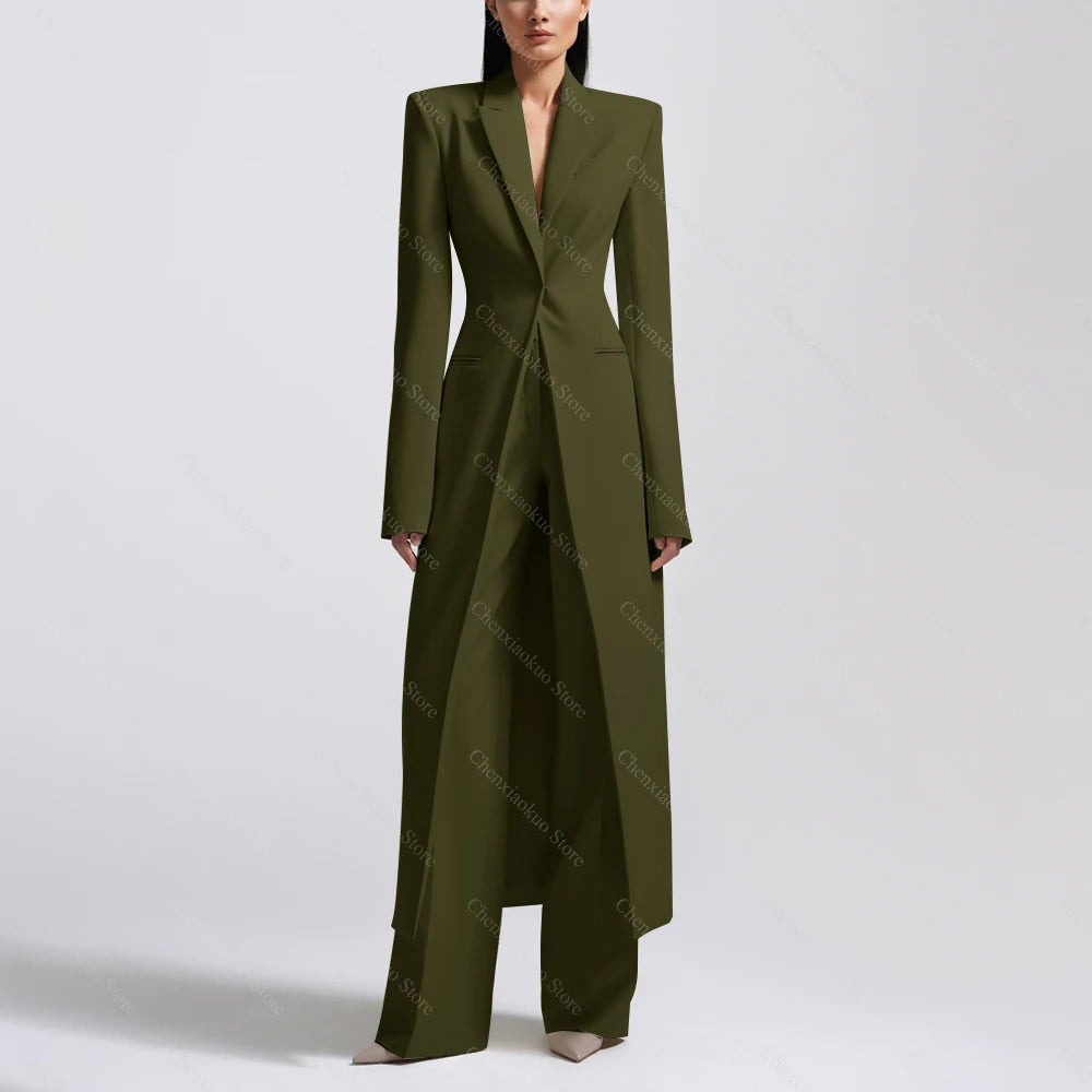 New Arrival Women Pants Sets Fashion Peak Lapel One Button Long Coat Office Lady Formal 2 Piece Solid Color Custom Suit Slim Fit