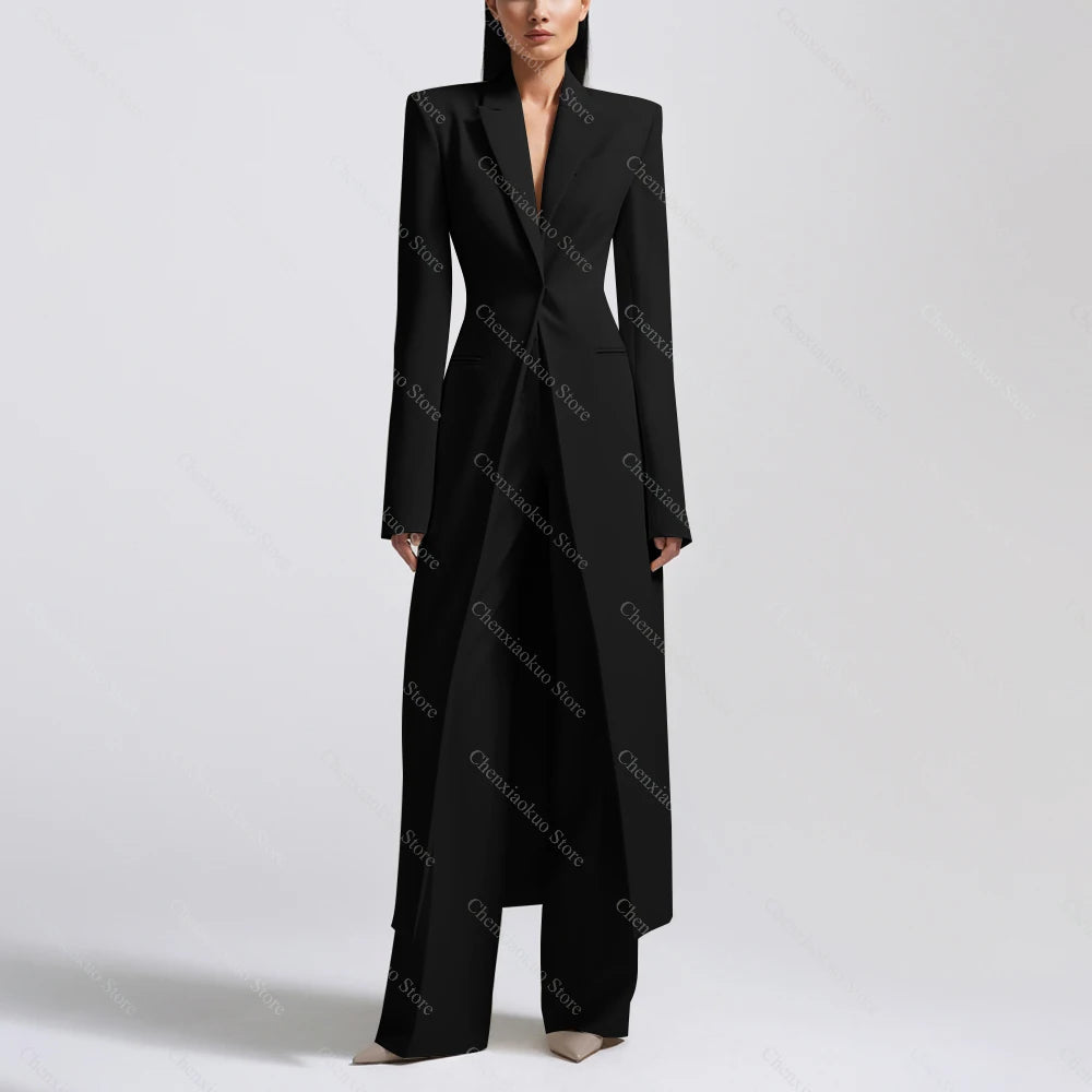 New Arrival Women Pants Sets Fashion Peak Lapel One Button Long Coat Office Lady Formal 2 Piece Solid Color Custom Suit Slim Fit