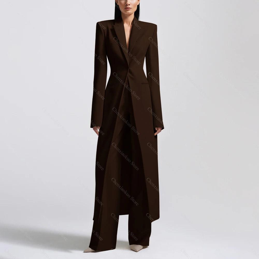 New Arrival Women Pants Sets Fashion Peak Lapel One Button Long Coat Office Lady Formal 2 Piece Solid Color Custom Suit Slim Fit