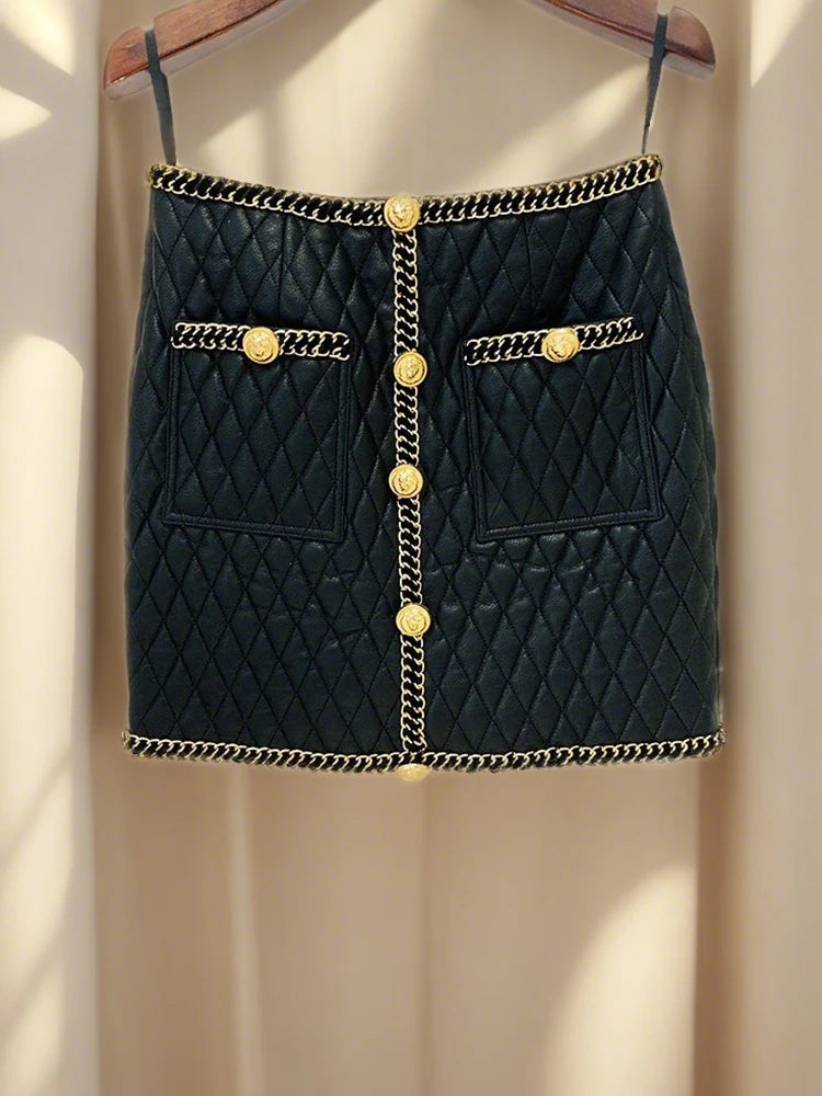 Gold Chain Edge Decoration Grid Faux Leather Jacket Cardigan Coat Blazer Black Mini Skirt Outfit Women Short Jacket